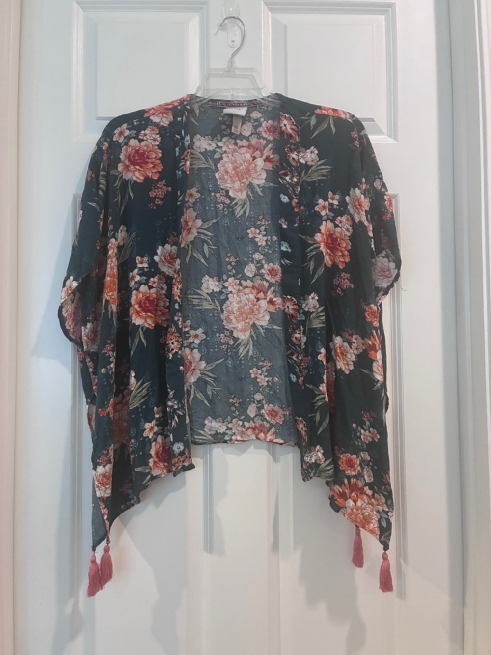 Knox Rose Dark Forest Green Floral Open Front Kimono with Pink & Cream Blooms